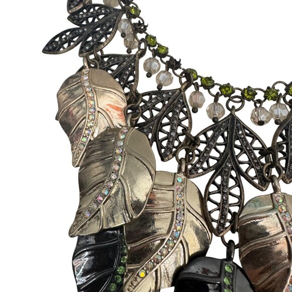 2/$25 Bicolor Leaf Statement Necklace With Multicolored Rhinestones - Picture 7 of 10